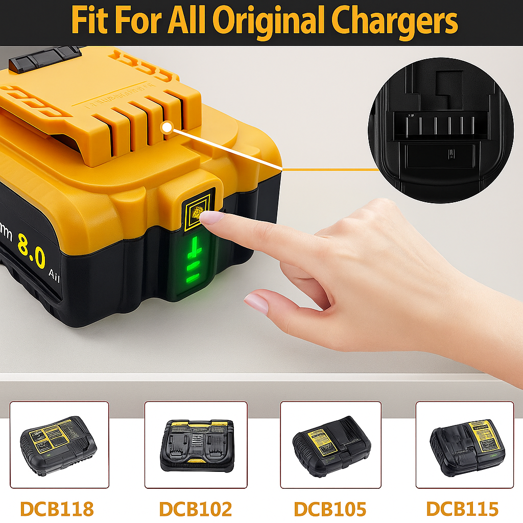 x4 PowerMax 8000mAh Battery™ – 20V MAX Dewalt-Compatible Lithium-Ion Batteries (4-Pack High-Capacity Upgrade)