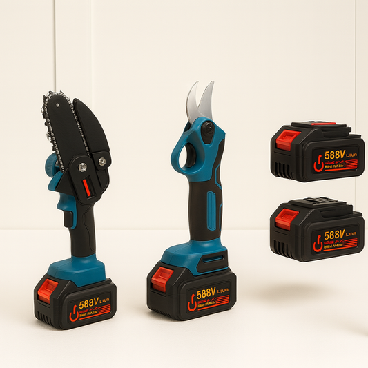Gardening tools with battery packs on a white background


