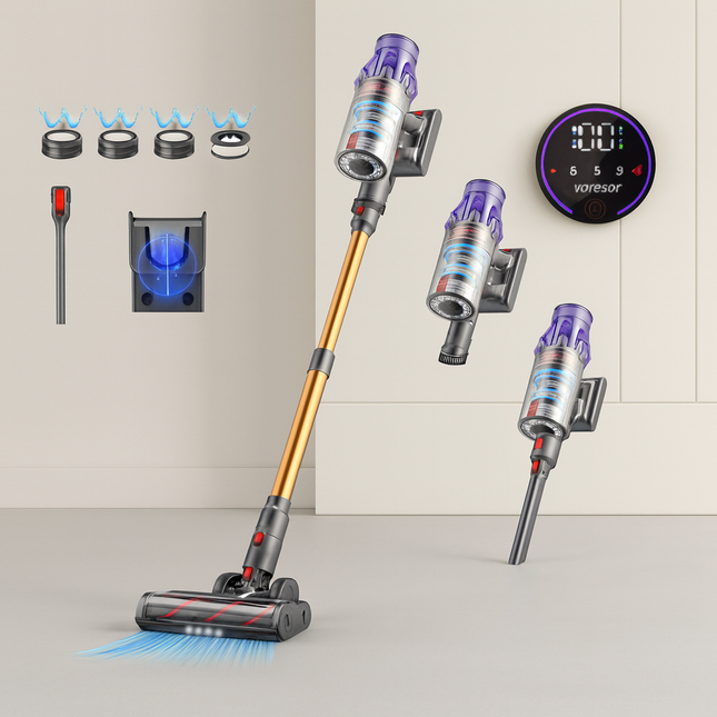 Dyson vacuum cleaner set with attachments on a neutral background